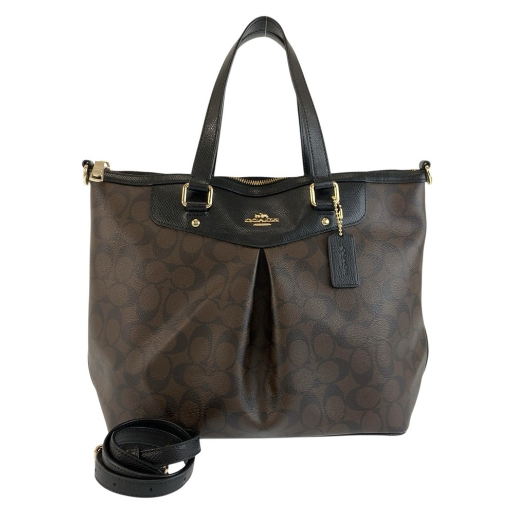 COACH Signature Brown Black Gold Hardware F34614 Tote Bag Shoulder 2-way Women's